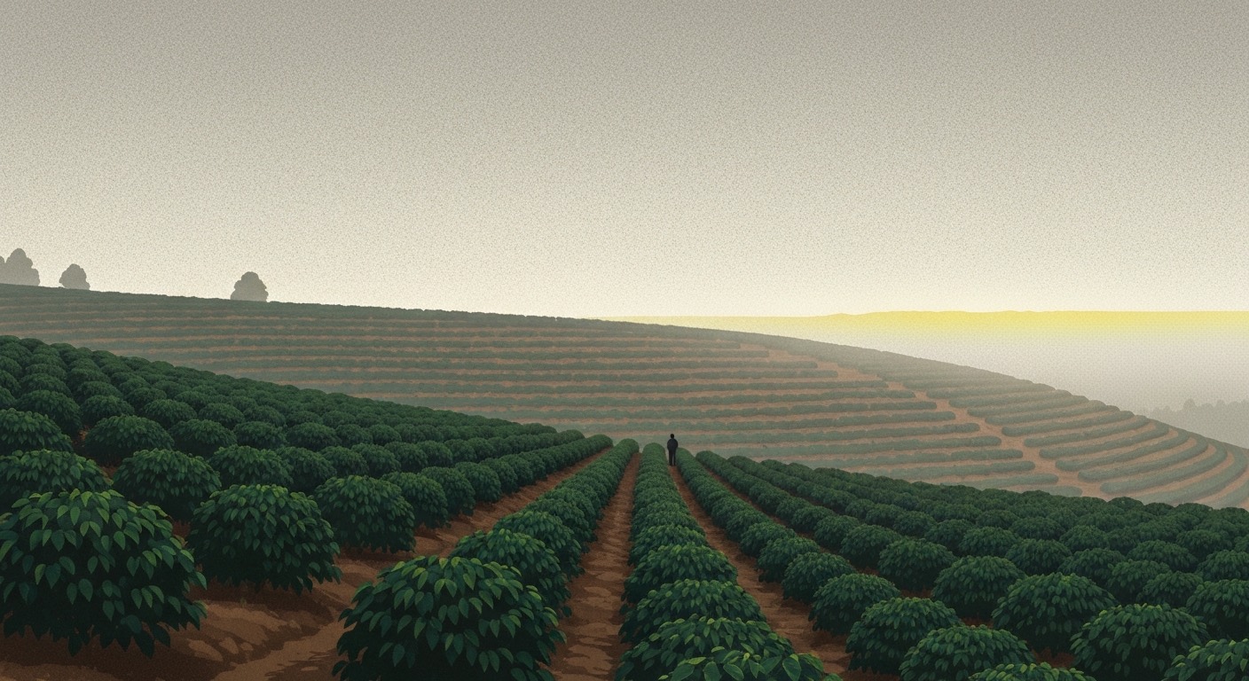 A single origin coffee farm at the quiet hour, terraced rows receding into mist